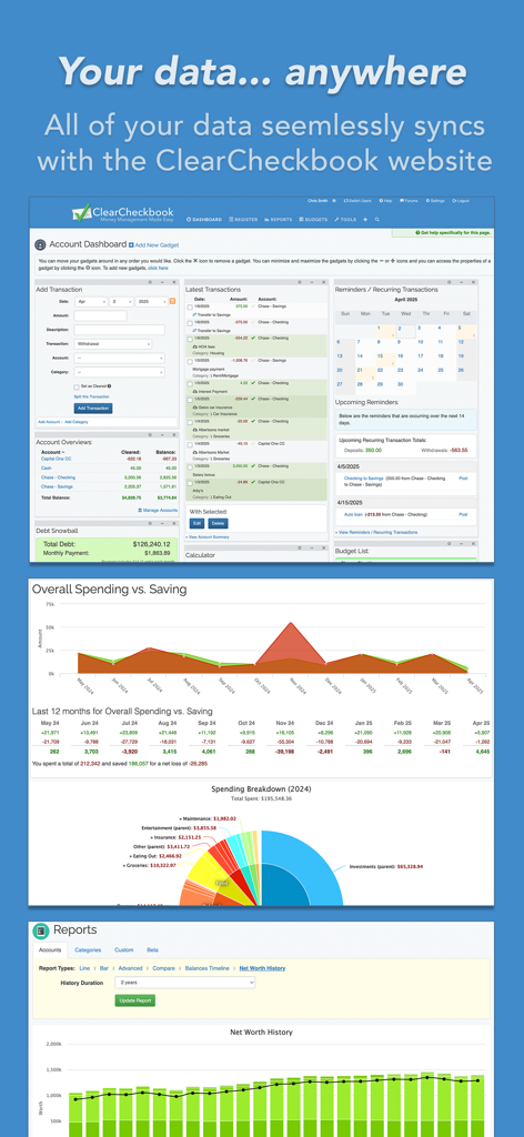 ClearCheckbook dashboard displaying account summaries spending charts and net worth reports