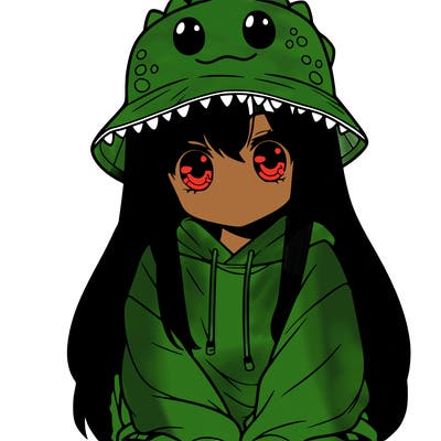 girl with anime shaped eyes with a dinosaur bucket hat oversized sweatshirt long straight hair