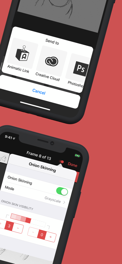Animatic - Animatic app screenshots showing onion skinning tool and Adobe Photoshop export menu