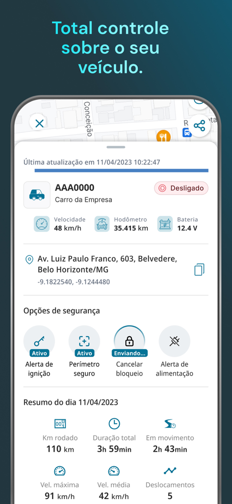 Interface of the GConnect app displaying real-time vehicle tracking telemetry data and security alerts.