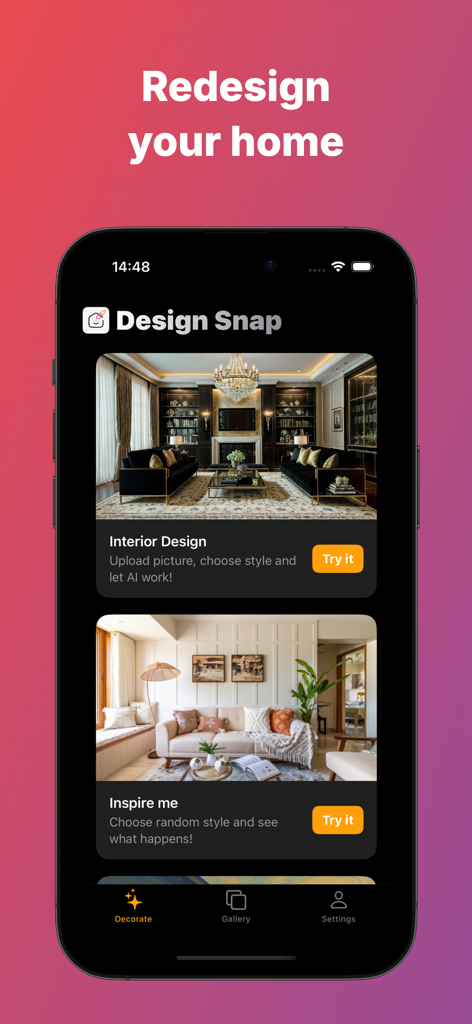 Ai Decorator - Design Snap - Ai Decorator Design Snap app screen showing home redesign and interior design options