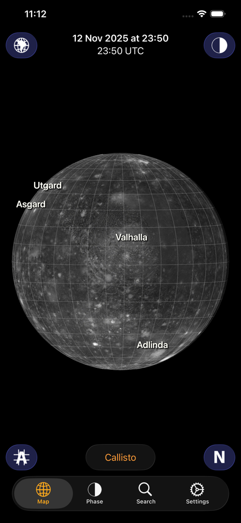 Jupiter Atlas - Un mapa 3D de la luna Calisto de Júpiter con puntos de referencia de superficie con nombre como Valhalla y Asgard en la aplicación Atlas de Júpiter