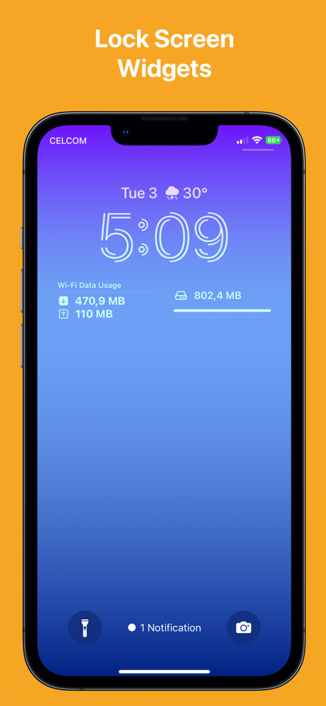 Pantalla de bloqueo de iPhone mostrando widgets de iStatistica para el uso de datos Wi-Fi y la monitorización del almacenamiento de disco