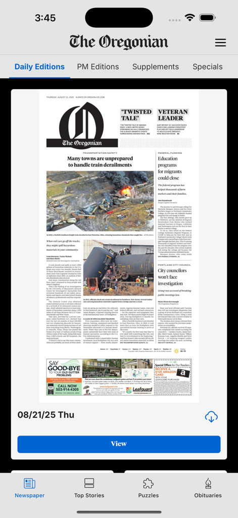 The Oregonian News - Mobile app screen showing a digital replica of The Oregonian daily newspaper edition.