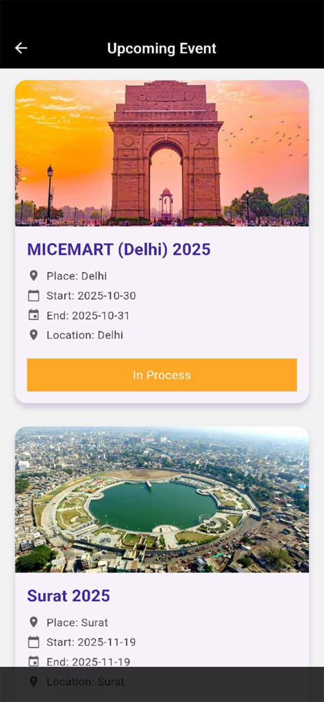 TTJ TRAVMART MARKETPLACE - Screen showing upcoming B2B travel events in the TTJ TRAVMART app