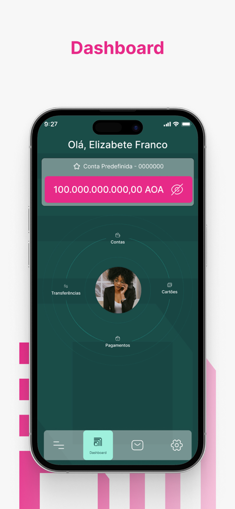 BCI MOBILE banking app dashboard showing account balance and financial services menu
