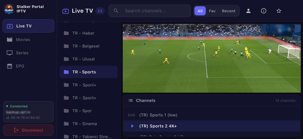 Stalker Portal IPTV player interface showing a live sports broadcast and channel list on a dark modern dashboard