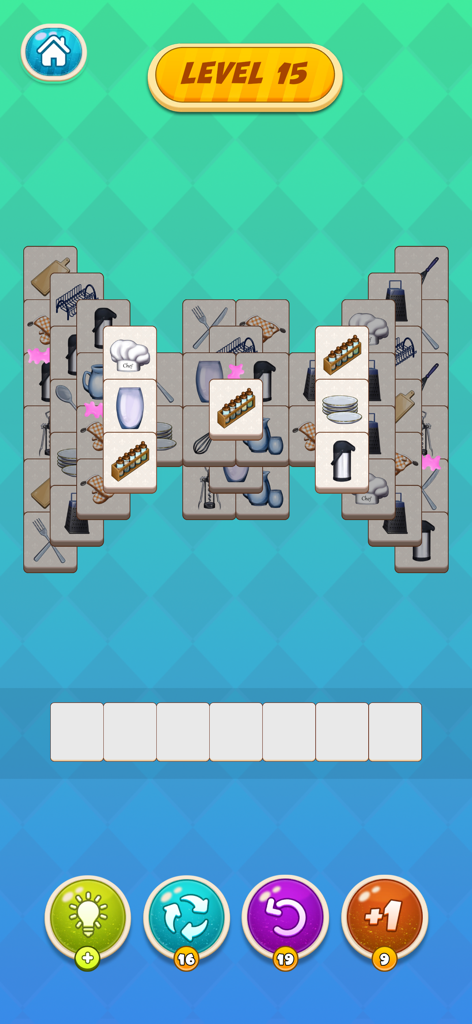 Kitchen Match - Mobile game screenshot of Kitchen Match showing level 15 with kitchen item tiles on a checkered background