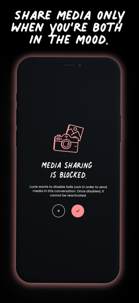 Hush app screen showing the Safe Lock feature which blocks media sharing until both users give consent.