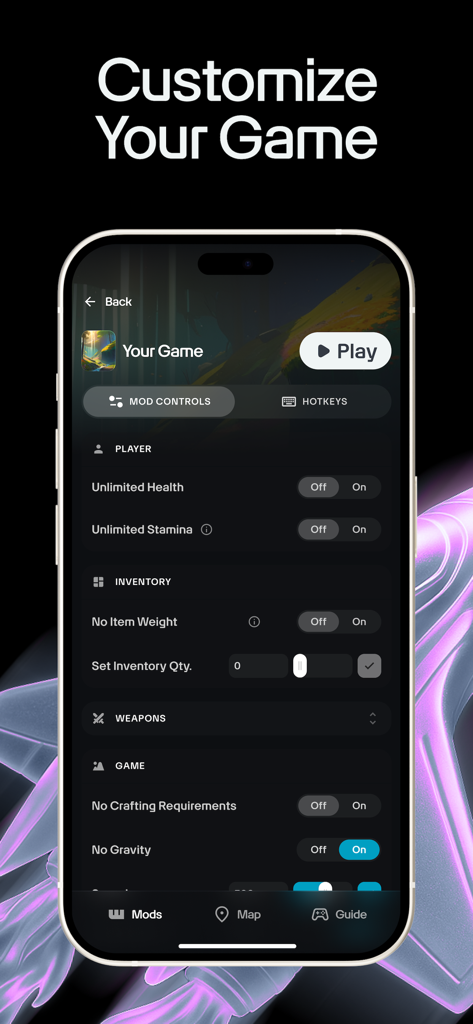 Wand Pro Remote (WeMod) - Smartphone showing the Wand Pro Remote app interface with various PC game mod toggles including health stamina and inventory