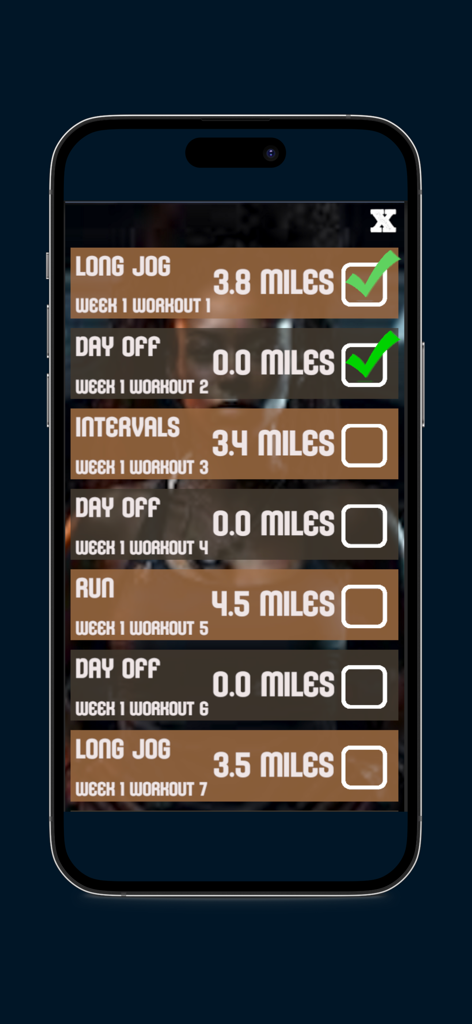A list of weekly treadmill workouts including long jogs and rest days with checkmarks for completed sessions