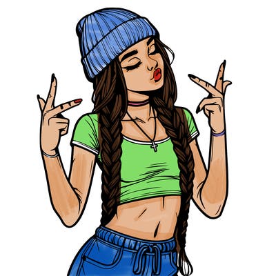 realistic teenage girl with braids and a beanie and crop top doing 🫶🏼