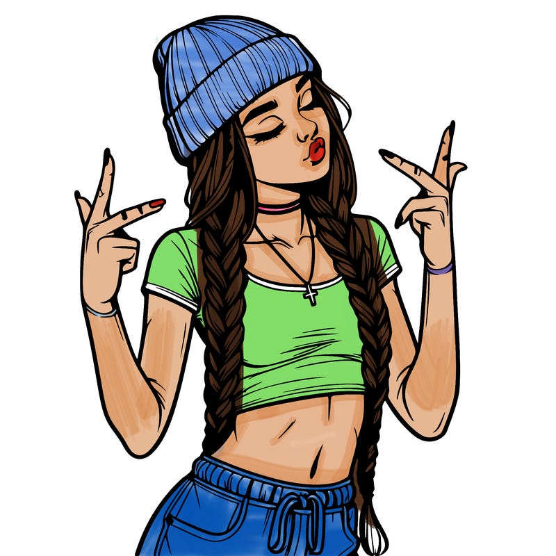 realistic teenage girl with braids and a beanie and crop top doing 🫶🏼