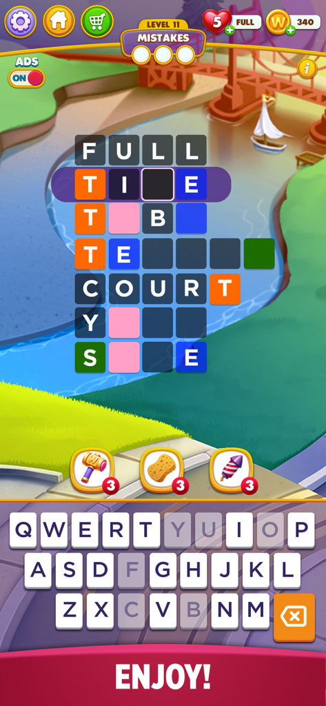 Word Chain Puzzle - A mobile word game screen showing a word grid over a cartoon river scene with a keyboard at the bottom.