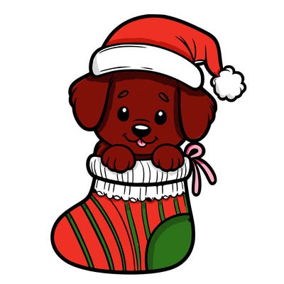 cute puppy wearing santa hat in socking