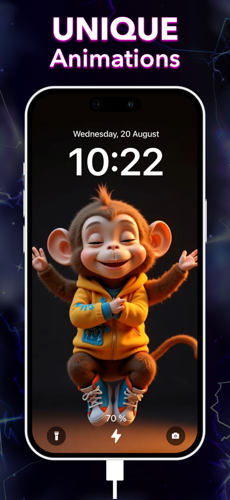 island + Charging Animations. - Tela do iPhone exibindo uma animação de macaco de desenho animado em 3D durante o carregamento