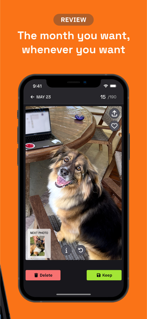 Swipe Delete: Photo Declutter - Pantalla de la aplicación Swipe Delete mostrando una foto de un perro con opciones de conservar y eliminar para una limpieza organizada de fotos
