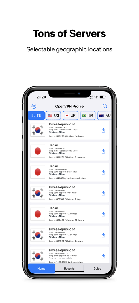 OvpnSpider Lite app showing a list of free VPN servers organized by country