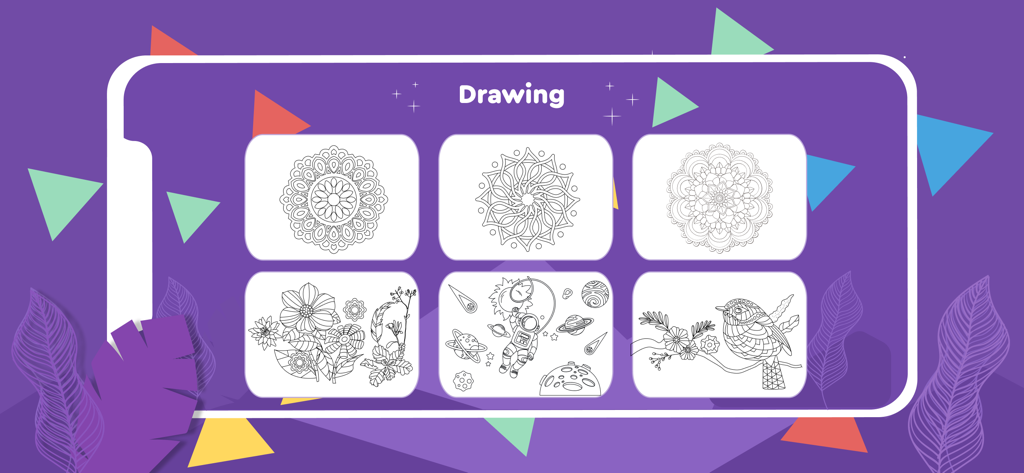 Happy Coloring Games: PlayTime - Drawing interface showing coloring templates for mandalas flowers and an astronaut