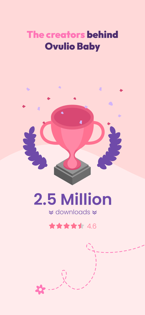 Un trofeo rosa con texto indicando 2.5 millones de descargas y una calificación de 4.6 estrellas para los creadores de la app.
