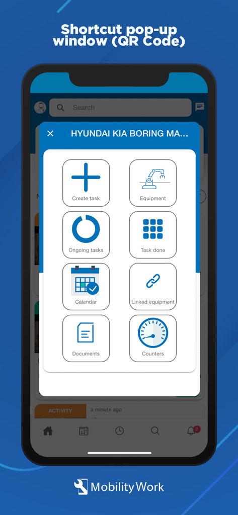 Mobility Work - L'application mobile Mobility Work affichant un menu contextuel de raccourcis de maintenance pour la gestion des tâches et des équipements.