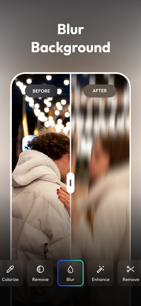 PixelUp: AI Photo Enhancer - Before and after comparison of the AI background blur and bokeh effect in PixelUp