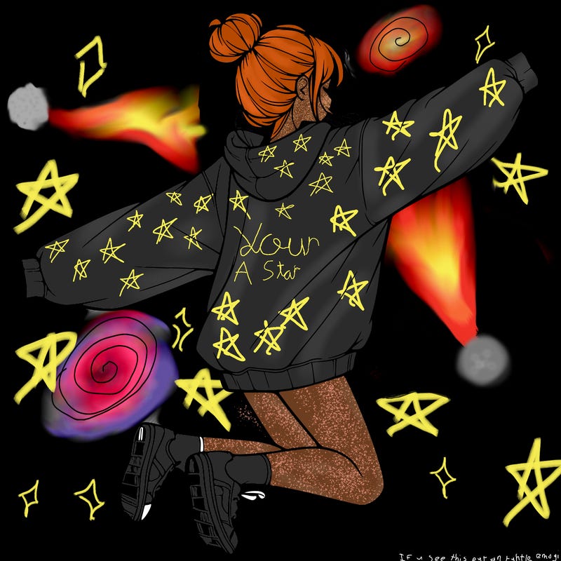 realistic girl jumping with a bun and oversized sweatshirt