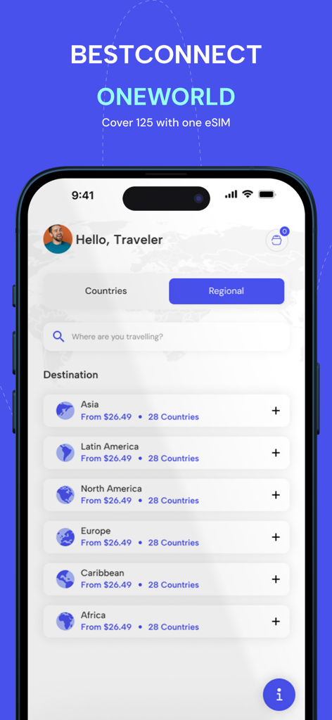 Best Connect eSIM - Best Connect eSIM app screen displaying regional data plans for international travelers