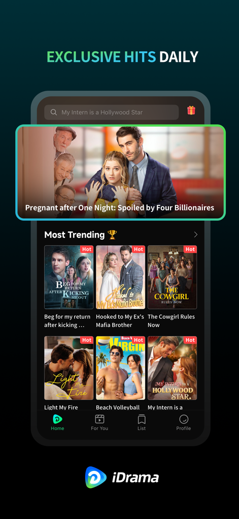 iDrama app home screen featuring trending short-form dramas and exclusive daily hits.