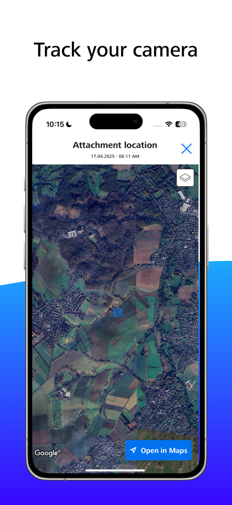 ZEISS Secacam - Vue de carte satellite dans l'application ZEISS Secacam montrant la localisation GPS d'une caméra de chasse