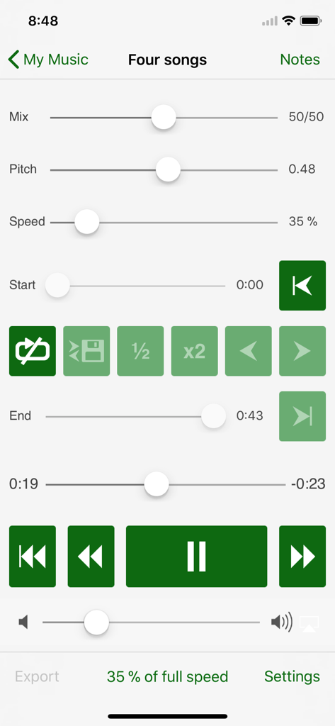 Amazing Slow Downer - Amazing Slow Downer app interface with speed pitch and looping controls for music practice