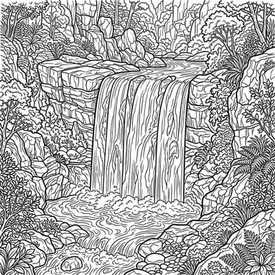 Discover the beauty of a powerful block waterfall captured in this detailed coloring page, designed specifically for seniors. Enjoy large print and intricate natural elements, offering a peaceful and engaging artistic experience.