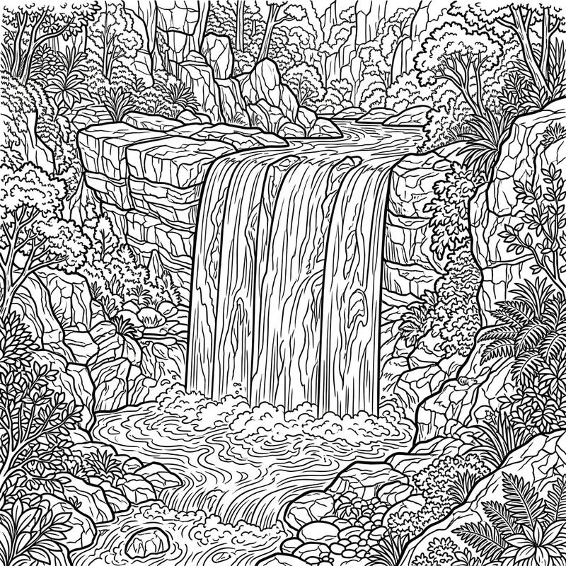 Discover the beauty of a powerful block waterfall captured in this detailed coloring page, designed specifically for seniors. Enjoy large print and intricate natural elements, offering a peaceful and engaging artistic experience.