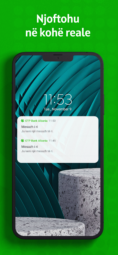 OTP Bank Albania - A smartphone displaying real-time push notification alerts from the OTP Bank Albania mobile app
