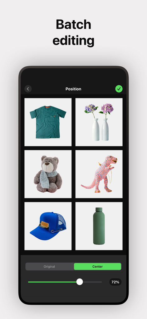 Cutout Camera AI Photo Editor - A smartphone screen displaying the batch editing feature with multiple products having their backgrounds removed by AI.