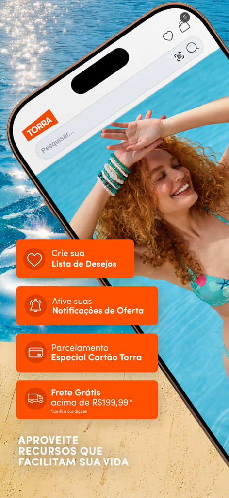 Lojas Torra mobile app interface showcasing summer fashion and features like wishlist, offer notifications, and payment options.