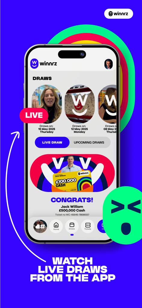 Winnrz - Winnrz app interface showing live prize draws and a recent cash winner announcement