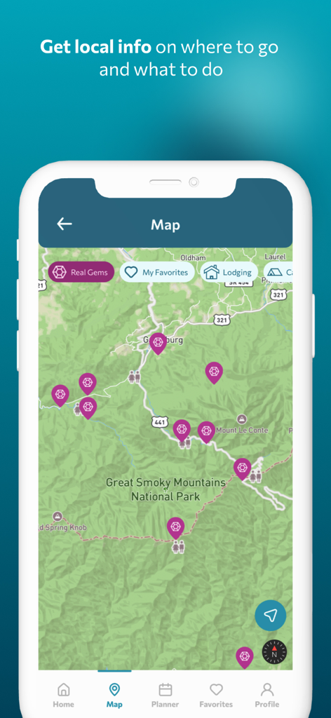 App map of Great Smoky Mountains showing real gems and local info.