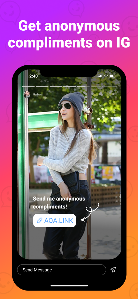AQA - anonymous q&a - Uma tela de celular exibindo uma história do Instagram com um link do AQA para elogios anônimos.