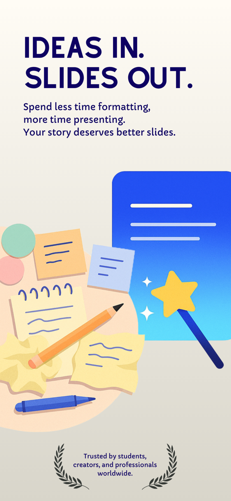 Gráfico mostrando a transformação de anotações em um slide de apresentação profissional com uma varinha mágica