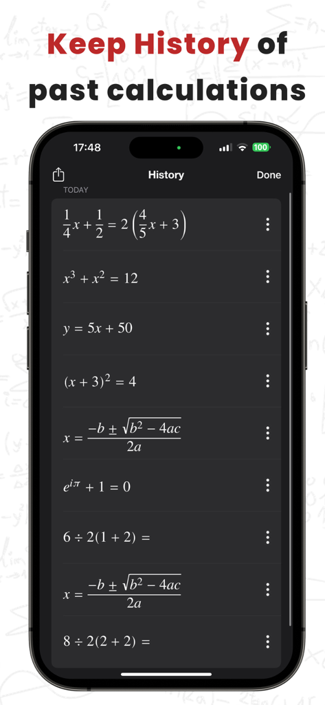 Mathly - AI Math Solver - A history screen in the Mathly app showing a list of previously solved math equations including algebra and calculus