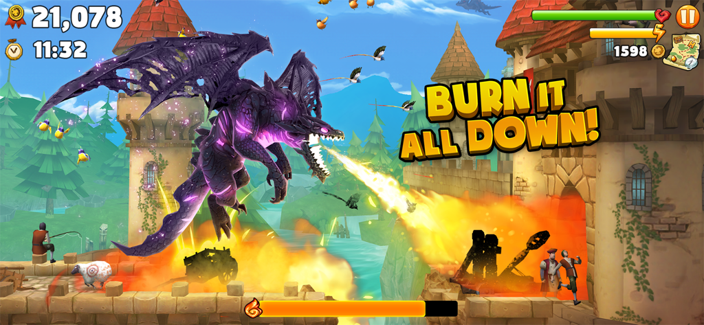 Hungry Dragon: by Hungry Shark - Un gran dragón púrpura escupiendo fuego a un castillo medieval en Hungry Dragon