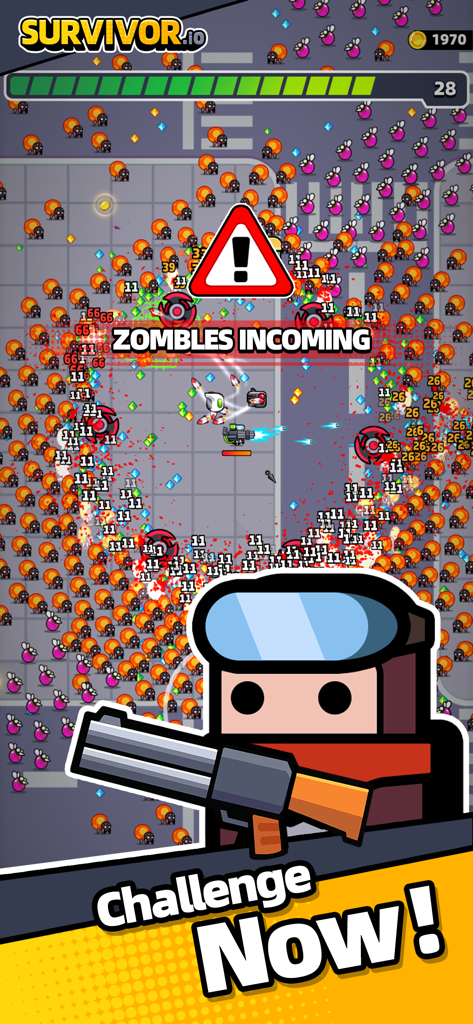Gameplay screenshot of Survivor!.io showing a hero character battling a massive swarm of zombies with various weapons