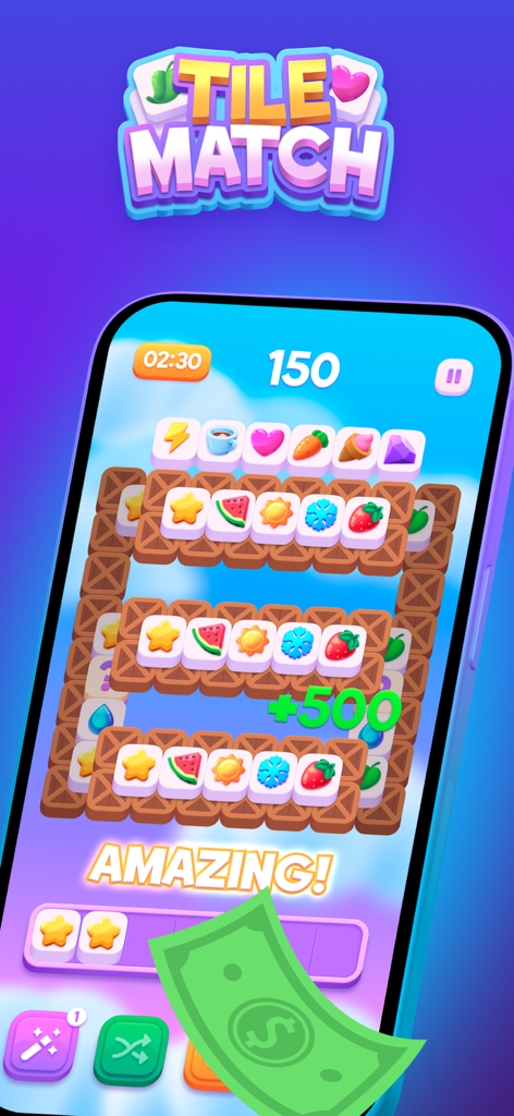 Mobile gameplay of Tile Match in Thrillz app showing a puzzle board and a cash symbol for real money rewards