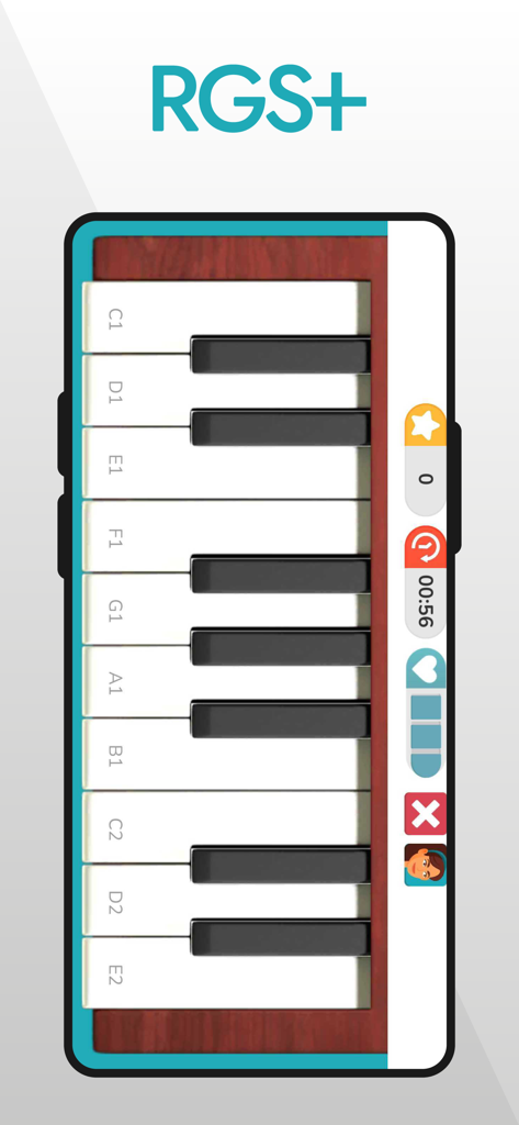 Pantalla de la aplicación RGS+ que muestra una interfaz de teclado de piano utilizada para la rehabilitación de habilidades motoras neurológicas