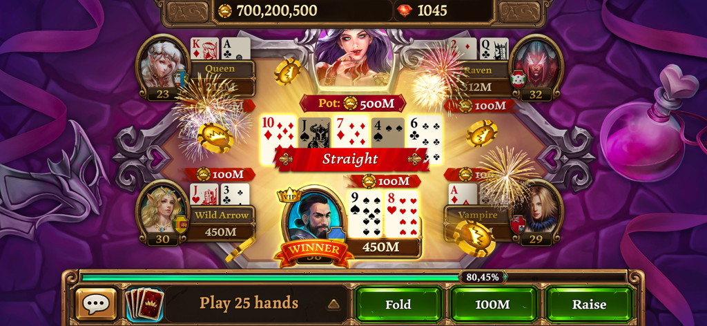 Fantasy themed Texas Holdem poker table with RPG character avatars and a winning straight hand.