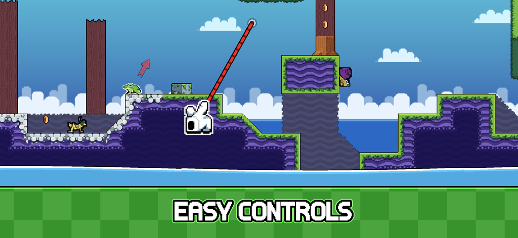 Una rana verde demuestra la mecánica de salto fácil del tirachinas con una línea de trayectoria roja en el juego de pixel art Samago