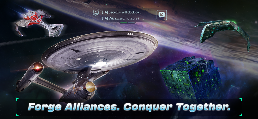 Star Trek Sternenschiffe, darunter die U.S.S. Enterprise und ein Borg-Würfel im Weltraum, mit dem Slogan Schmiede Allianzen, Erobert Gemeinsam