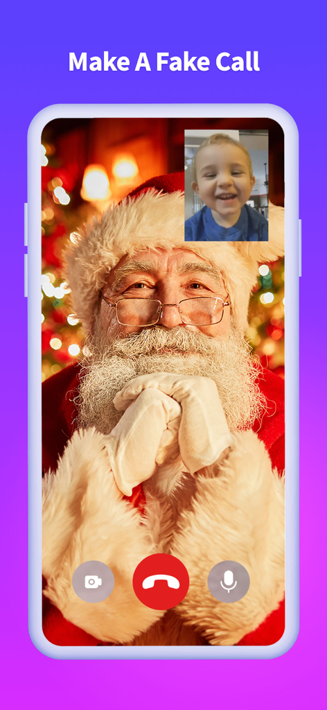 Prank App: Fake video call - Smartphone interface showing a fake video call with Santa Claus and a child.