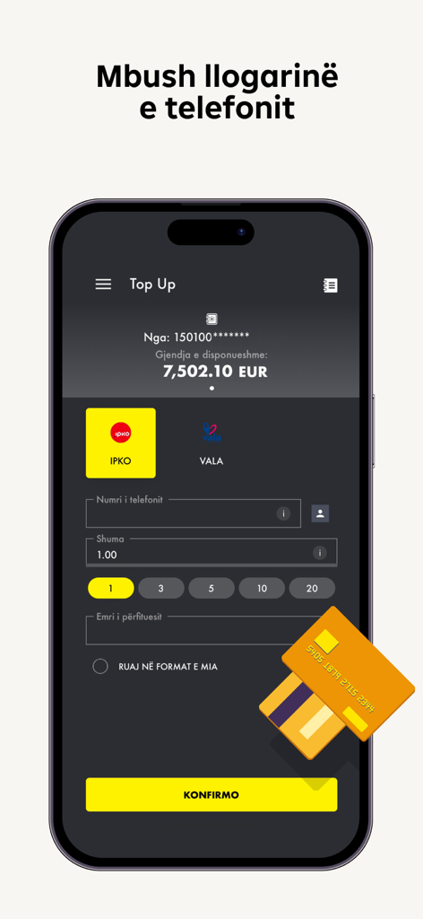 Raiffeisen Bank Kosovo Mobile - Raiffeisen Bank Kosovo mobile app screen for topping up phone credit featuring IPKO and VALA operators